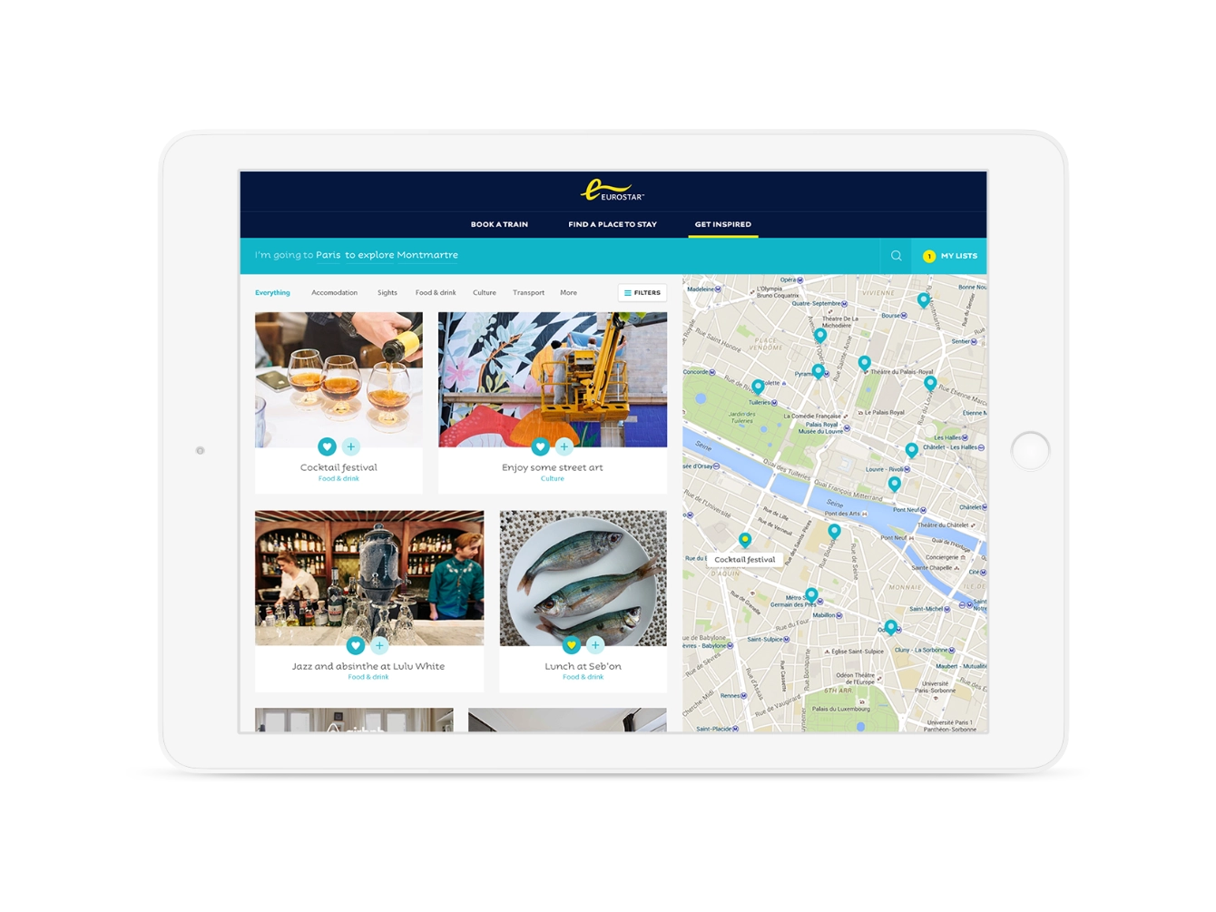 Eurostar Discover — destination feed with map