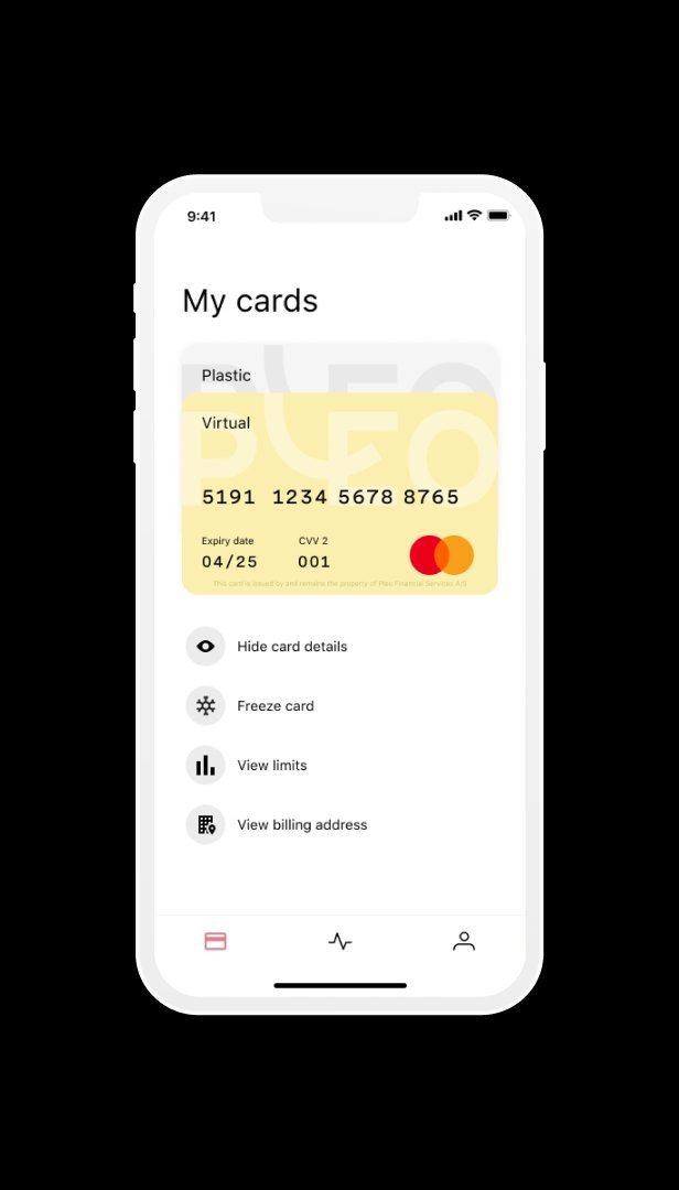 My Cards: virtual card with details shown